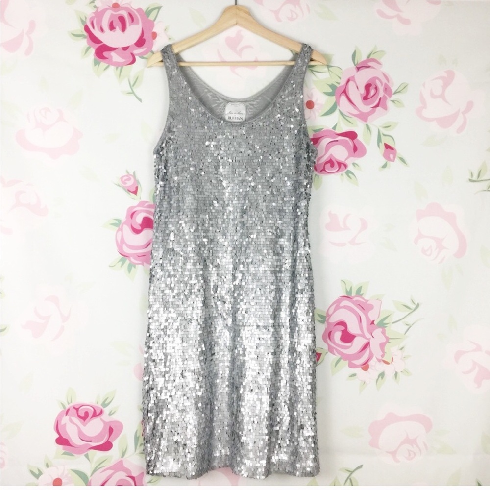 NEW Anthropologie Mise en Scene by Ruffian Sequin Silver Metallic Dress 8
